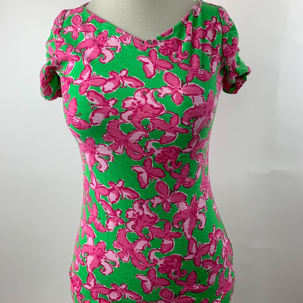 Lilly Pulitzer Green Pink Floral Top Shirred XS